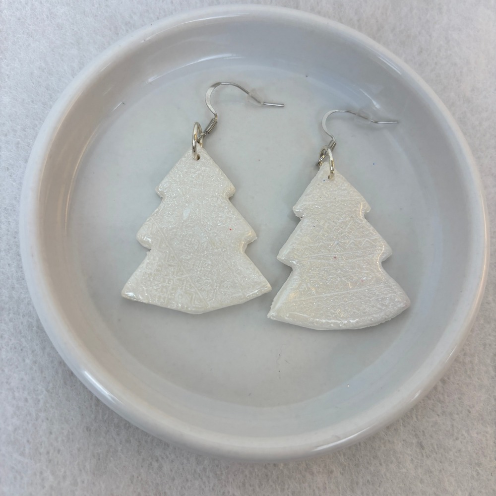 Handmade Clay Christmas Tree Earrings White Glitter Sparkle Holiday Festive
